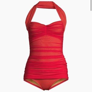 Norma Kamali Bill Mio Red Ruched Halter Swimsuit